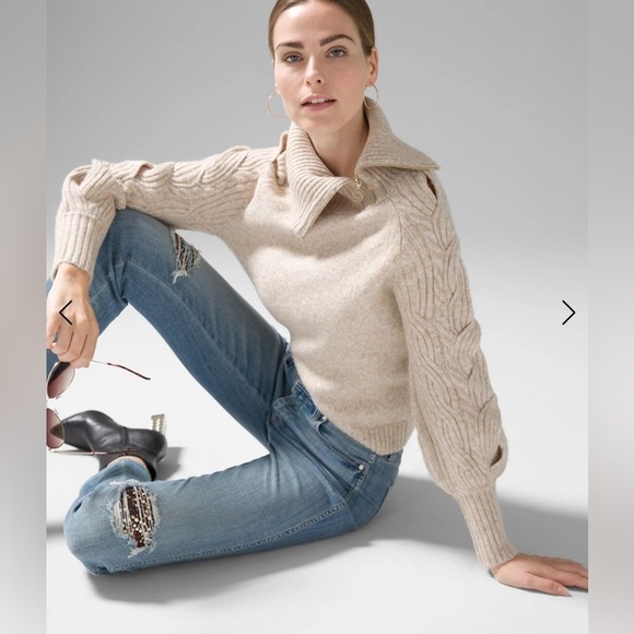 WHBM Zip Neck Cable Knit Sweater Womens XS Beige Pullover‎ Business Work Casual - Picture 1 of 10